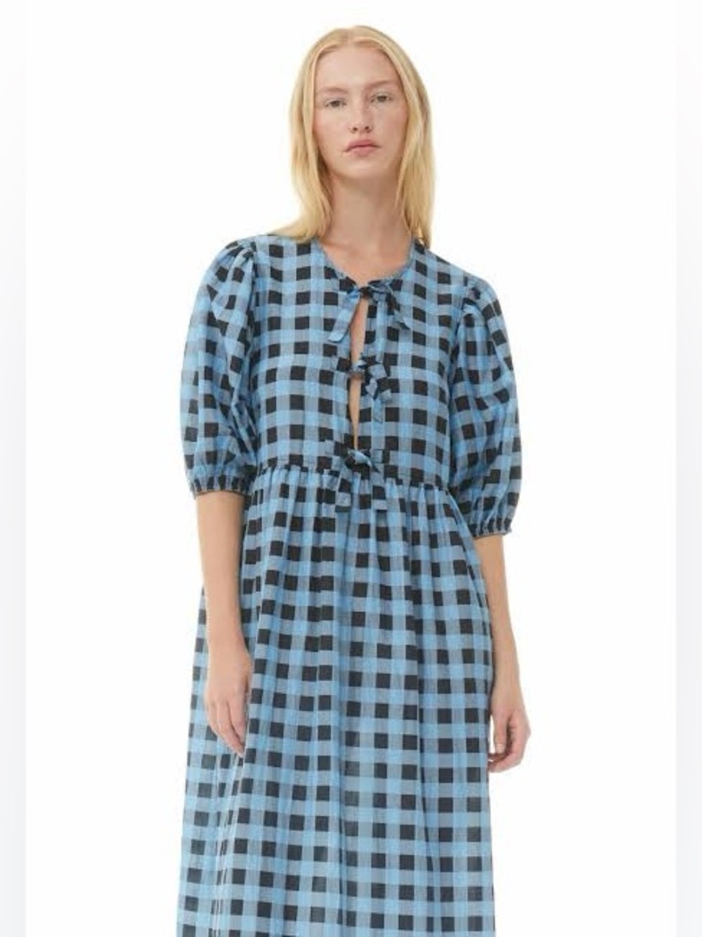 RARE! GANNI Gingham Oversized Dress Cotton Silk Black Blue Plaid Women's 32 XS/S